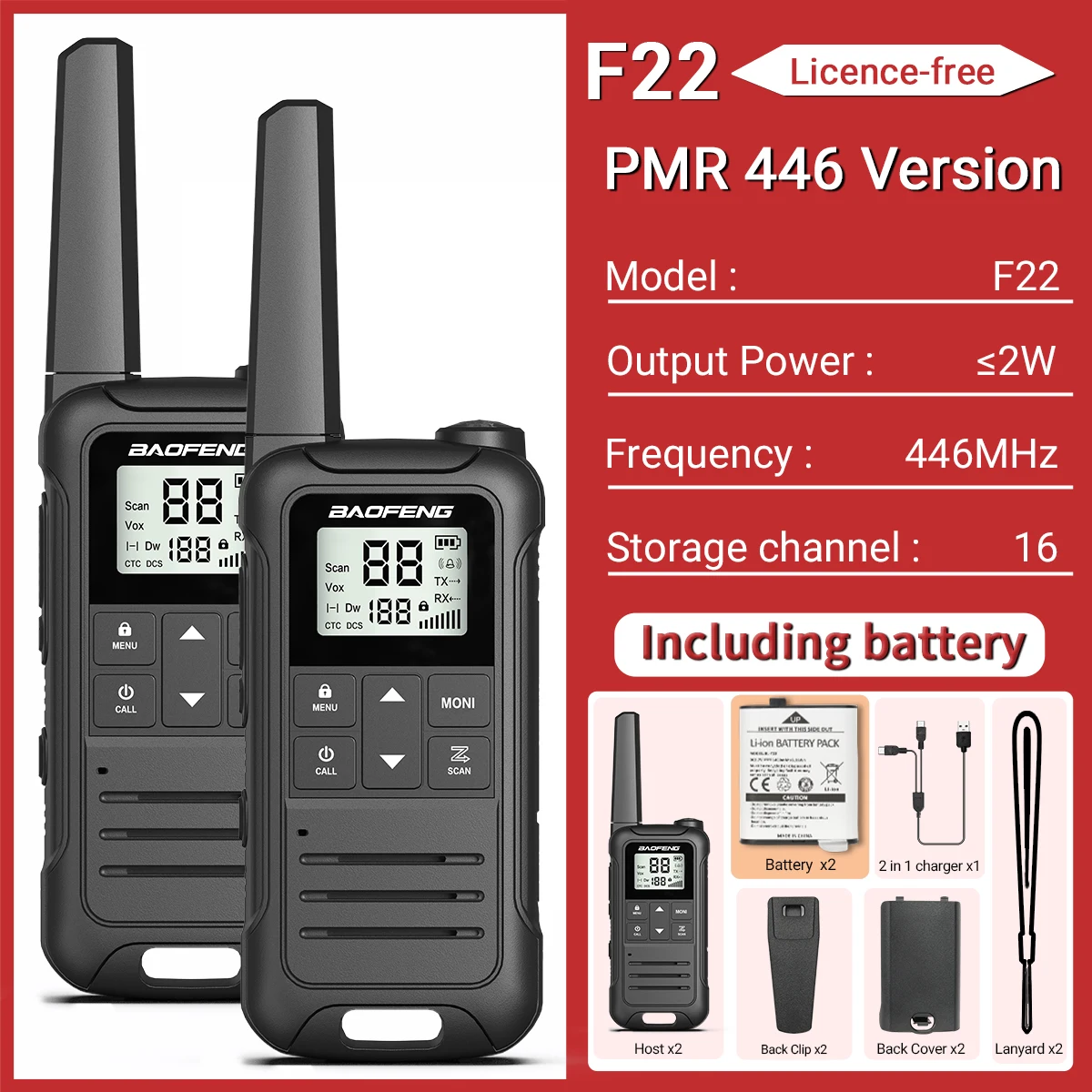 2 stuks Baofeng F22 Mini Walkie Talkie PMR446 FRS Lange Range Draagbare Two-way Radio LCD Display Type-C Oplader Voor Op Jacht