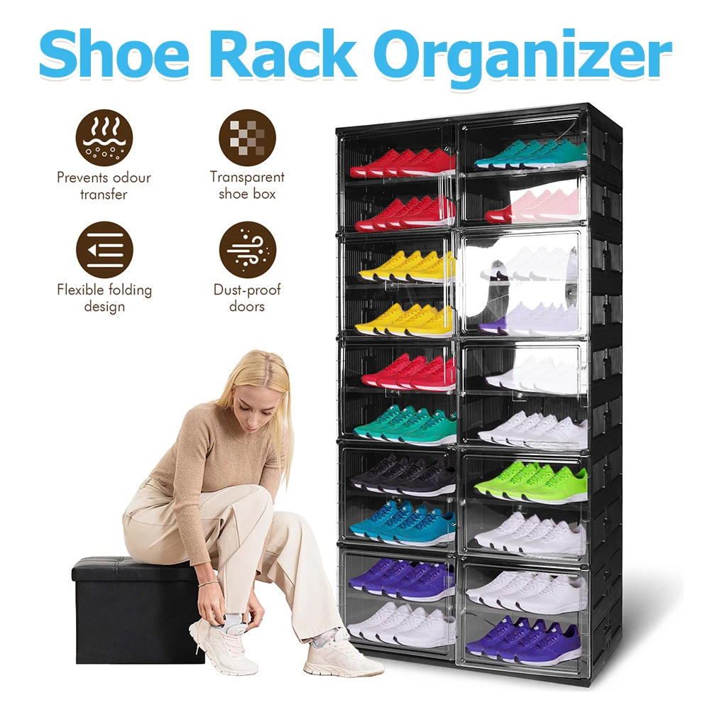 10 Tiers Foldable Shoe Rack Organizer with Magnetic Clear Door 40 Pair Collapsible Shoe Storage Box Dustproof Shoe Shelf Cabinet