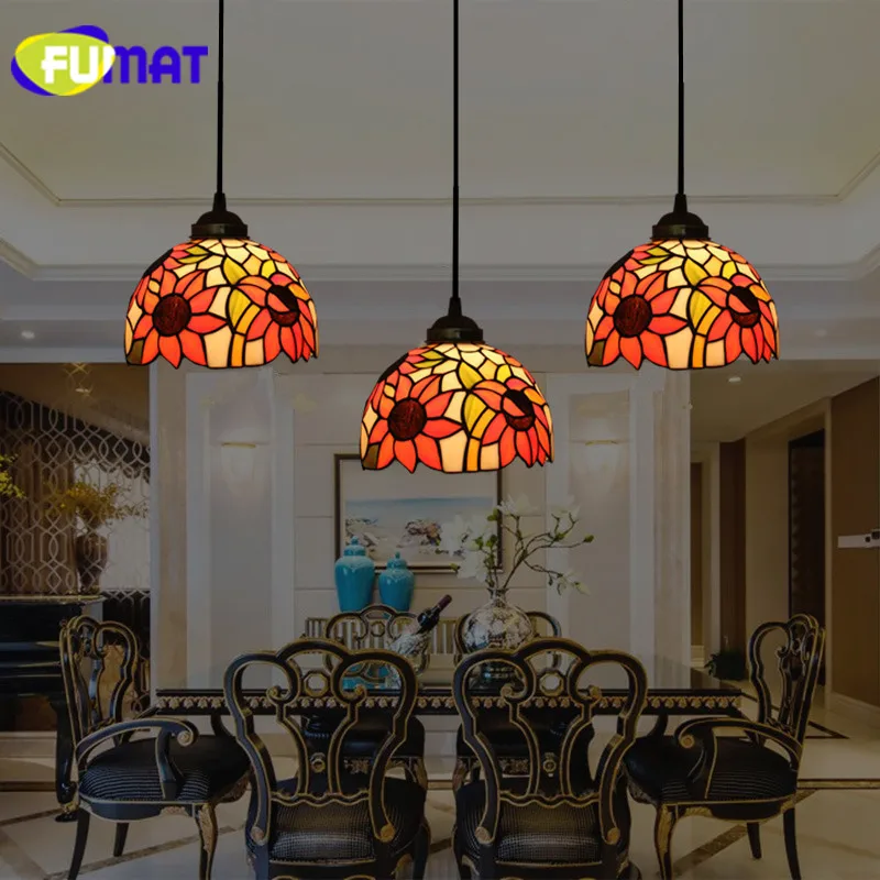 FUMAT Stained Glass Shade Pendant Light TiffanyLamp Hanglamp Sunflower Hanging Lighting Fixtures luminaria lights Pendant Lamp