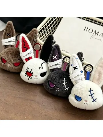 Hot Gothic Bunny Plush Keychain RabbitBag Charm with Bandage Desian Kawaii Key Ring Pendant Car Bag Ornament  Gift To