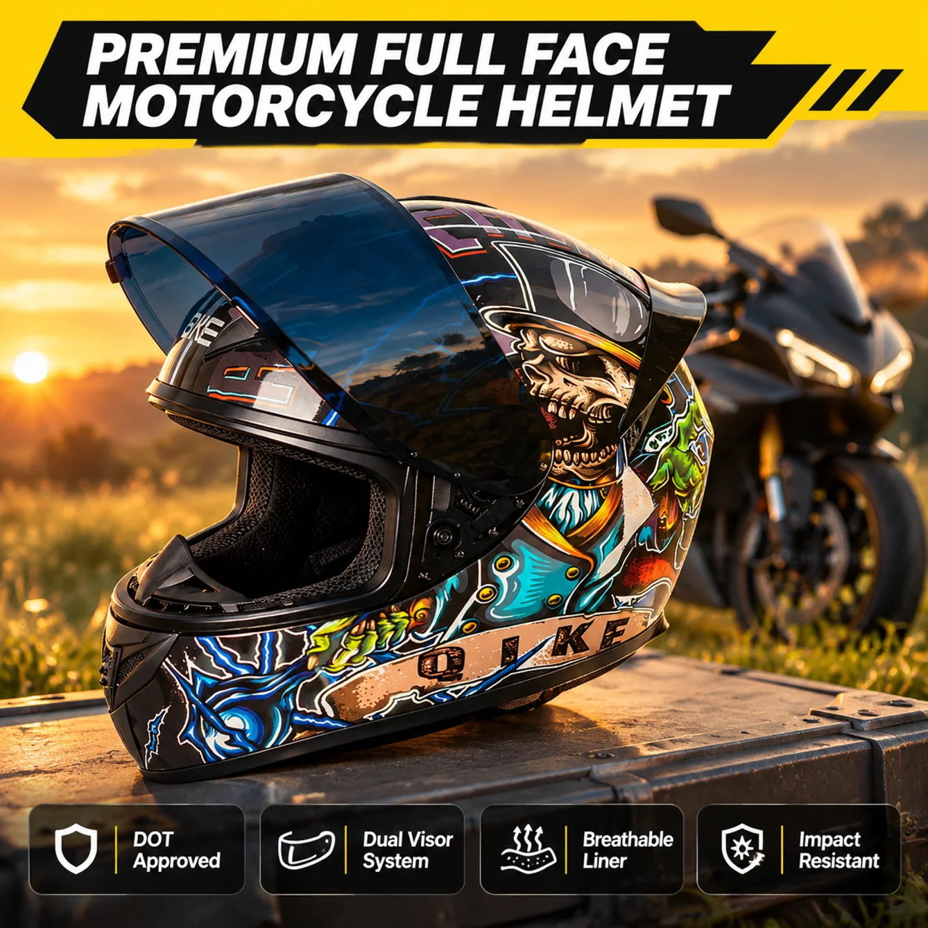Casco integrale per moto, certificato DOT, resistente agli urti, leggero, con scocca in ABS, design personalizzato con motivi a tema graffiti, per adulti, protezione per la testa, adatto a tutti i