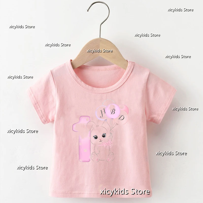 2023 Fashion Girls t-shirt Cute Balloon Bunny Birthday Number 1-9 th vestiti regalo di compleanno per bambini Tshirt ragazze magliette rosa