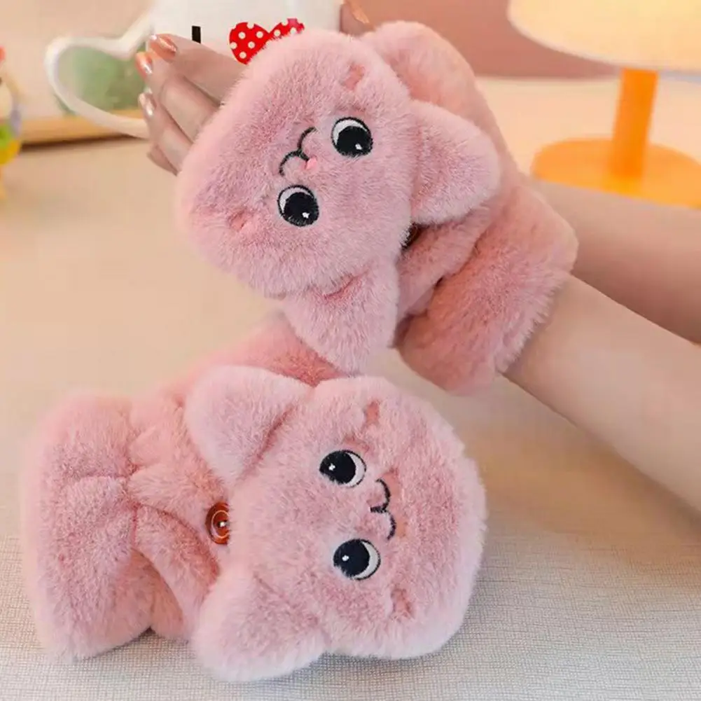 Winter Half Finger Gloves Cartoon Cat Thick Plush Mittens Student Writing Gloves Typing Gloves Fingerless Flip-over Hand Warmers