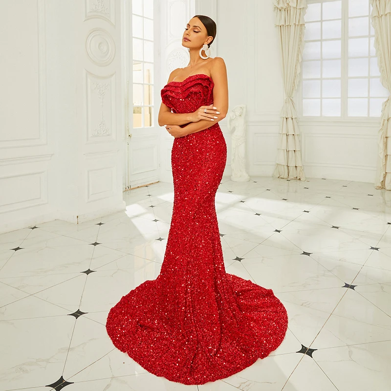 2024 Summer Clothes Women Strapless Backless Red Sequined Wedding Brides Cocktail Prom Evening Party Long Mermaid Dresses