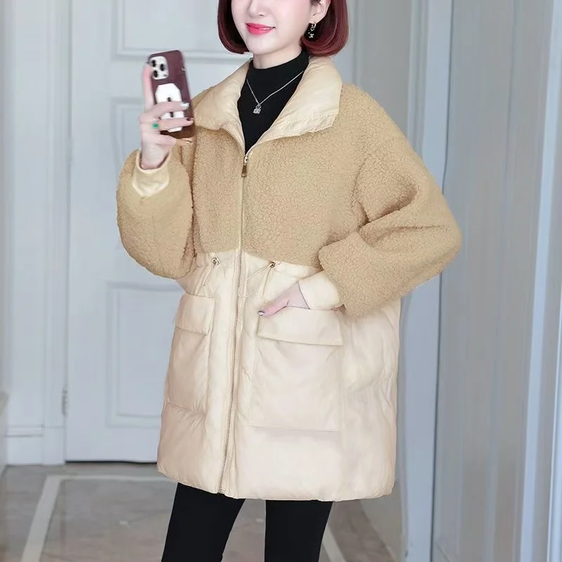 ダウンジャケット女性ミッドレングス秋冬新ルーズ綿パッド入りステッチラムフリース厚く暖かいコート女性オーバーコートトップス
