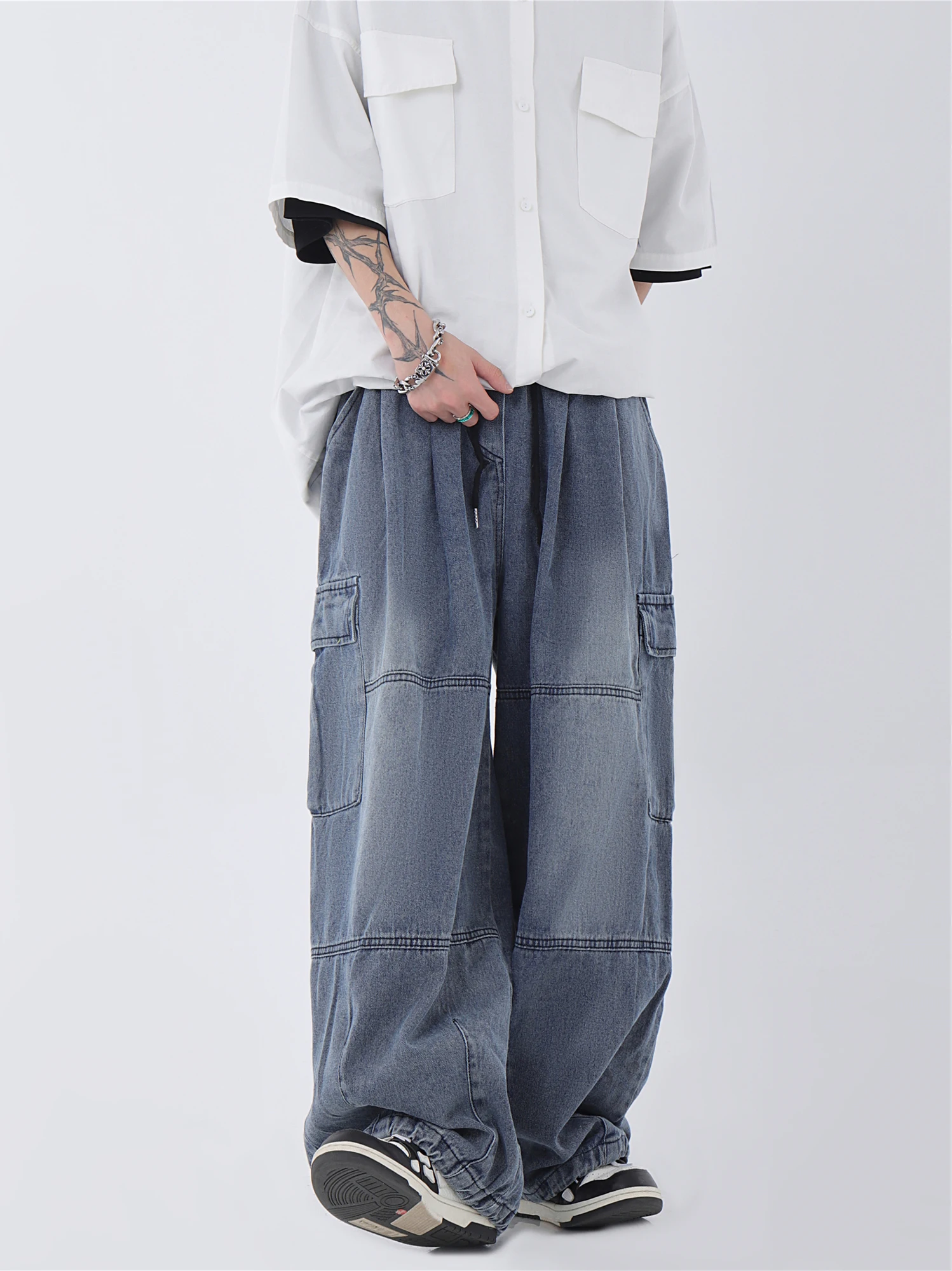 

American Washed Casual High Waist Men's Jeans Loose Wide Leg Workwear Long Trousers Hip Hop Couple Loose Fit Straight Leg Jeans