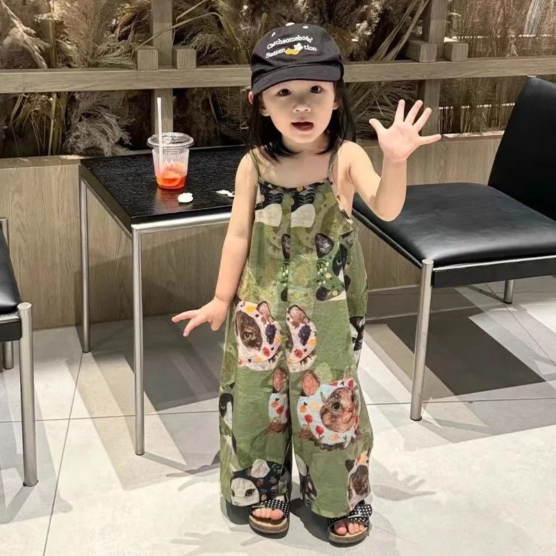 

2025 Summer New Children's Cat Pattern Small Fresh Suspender One-piece Wide Leg Pants