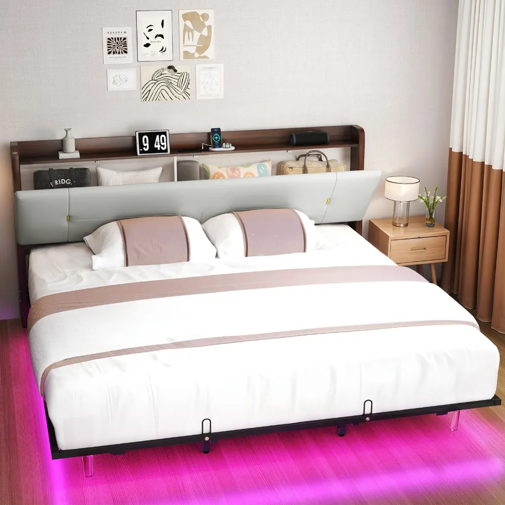 

King Size Floating Bed Frame Faux Leather Headboard Storage w/