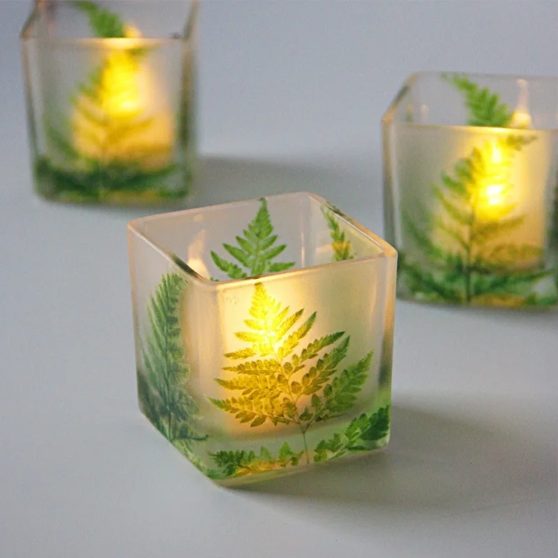 Northern Europe Style Candle Jar DIY Candle Making Container Green Leaf Cup Square Glass Candlestick Romantic Decoration Holders