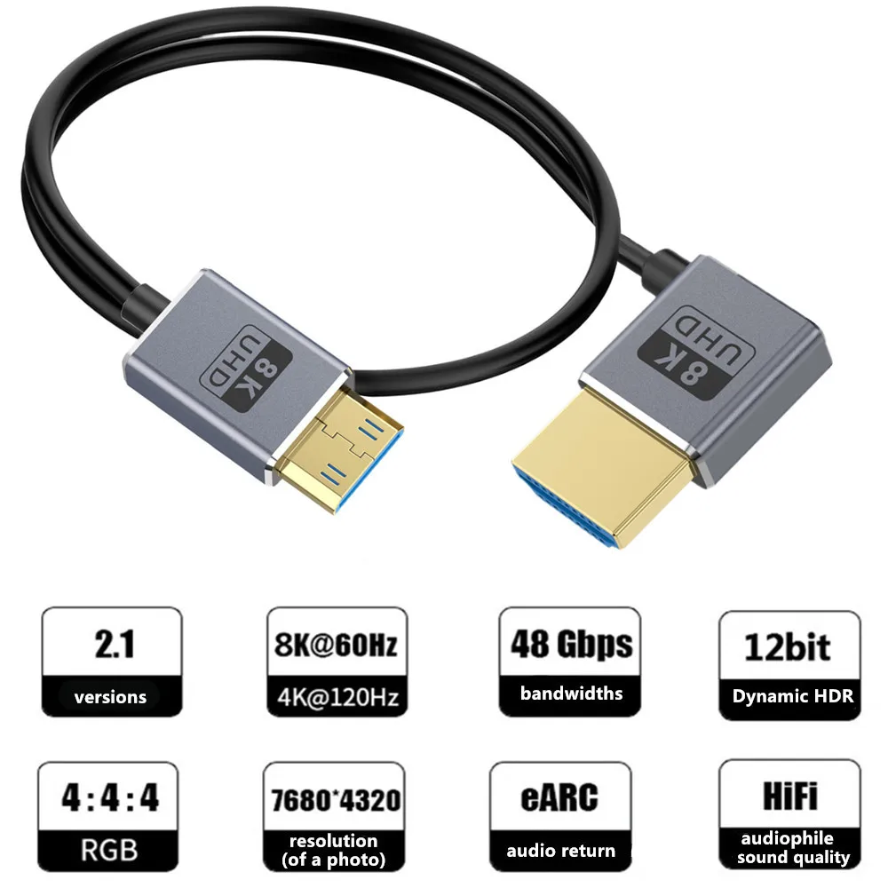 Coaxial Hdmi Super Extreme Slim 8K @60Hz Mini HDMI To HDMI 2.1 Cable ,Ultra High Speed 48Gbps Thin HDMI Cord Φ2.5mm,4K@120Hz