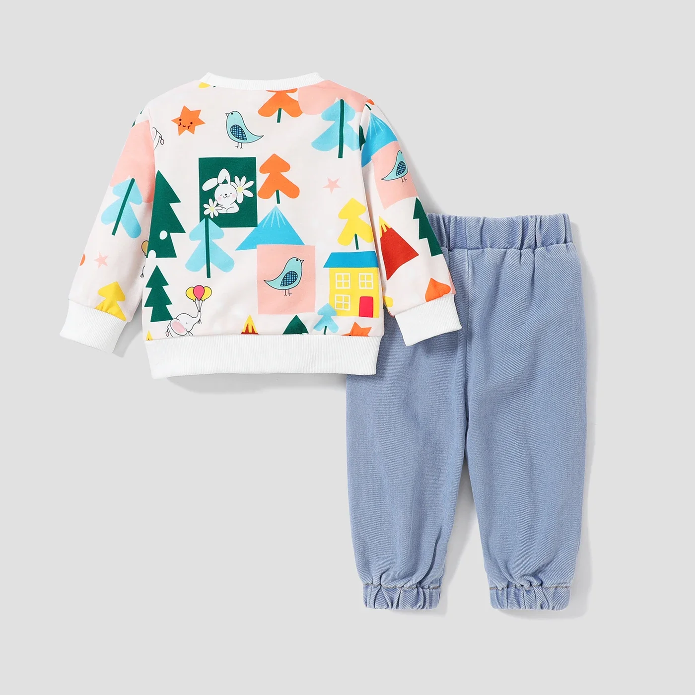 PatPat 2pcs Baby Girl Geometric Pattern Rabbit Animal print Sweatshirt and Jean set Soft and Comfortable Basic Style