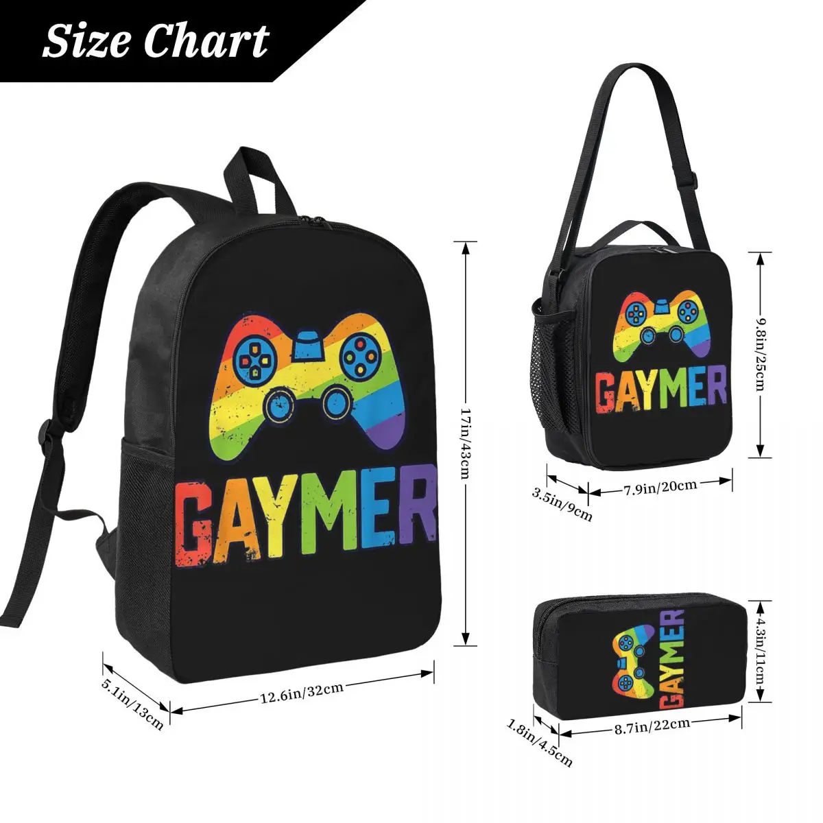 Gaymer Gamer Gay Pride LGBT Lesbian Rainbow Flag Backpack Boys Girls BookBag School Bag 3ps Insulated Lunch Bag Pencil Case