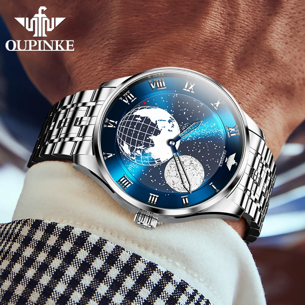 OUPINKE Automatic Mechanical Men\'s Watch 3D Earth Starry sky Rotating Dial Japan Movement Stainless steel Luxury Watch TOP Brand