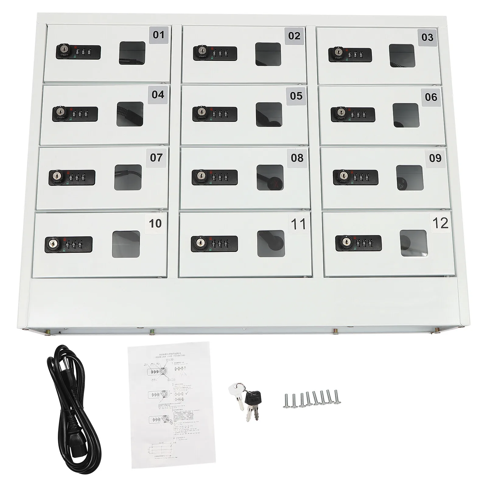 19.5*16*12cm DC 5~9V White Cellphone Locker 12 Slots Charging Station Combination Lock with Impact Pads Plug-in Power Cord Three-in-one Charging Ports for Storage