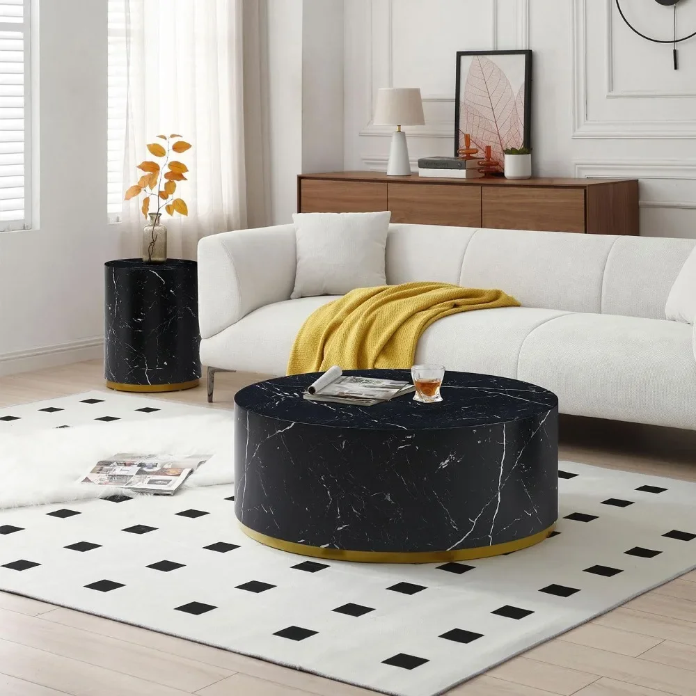 Modern Black Marble Coffee Table for Living Room Drum-Shape Coffee Table Round Cocktail Table with Gold Metal Base