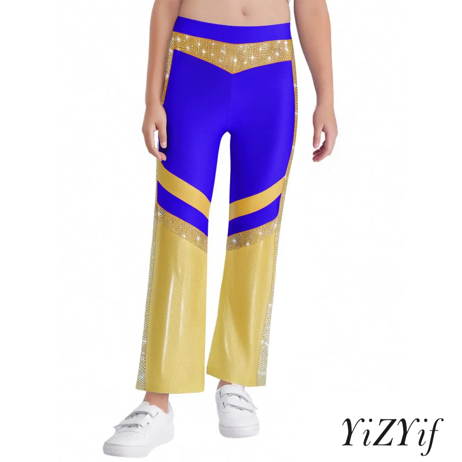 

Girls Sparkly Rhinestone Dance Pants Color-Block Bell-Bottom Design for Gymnastics Figure Skating Stage Performance Dancewear