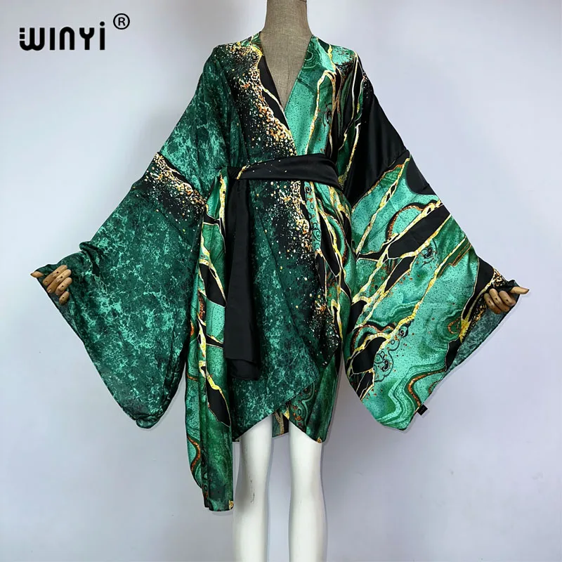 WINYI Africa print Summer Women Cardigan beachwaer sexy Boho Africa Holiday Batwing Sleeve cotton feeling Robe kimono kaftan