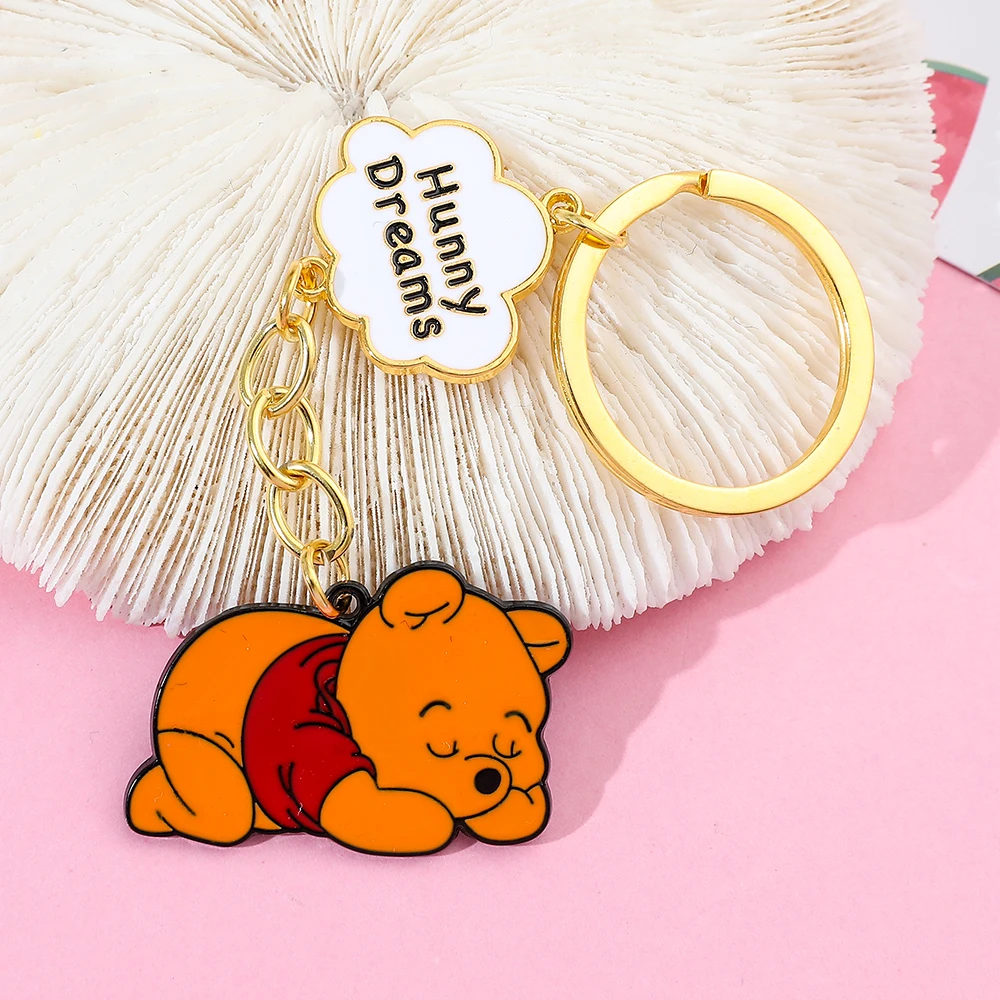 Disney Anime Figure Pooh Bear Keychain Sleep Winnie Enamel Pendant Keyrings for Backpack Car Ornament Accessories Gifts for Kids