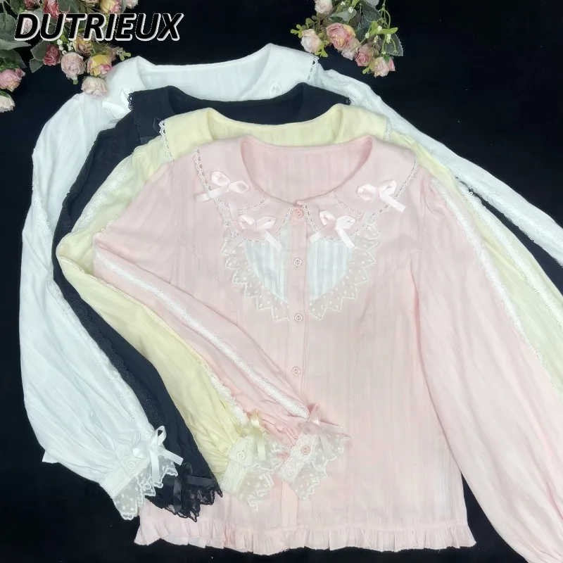 Original Lolita Cotton Bow Long Sleeve Inner Shirt Autumn Winter Versatile Blouse Doll Collar Sweet Cute Girls Slim Top