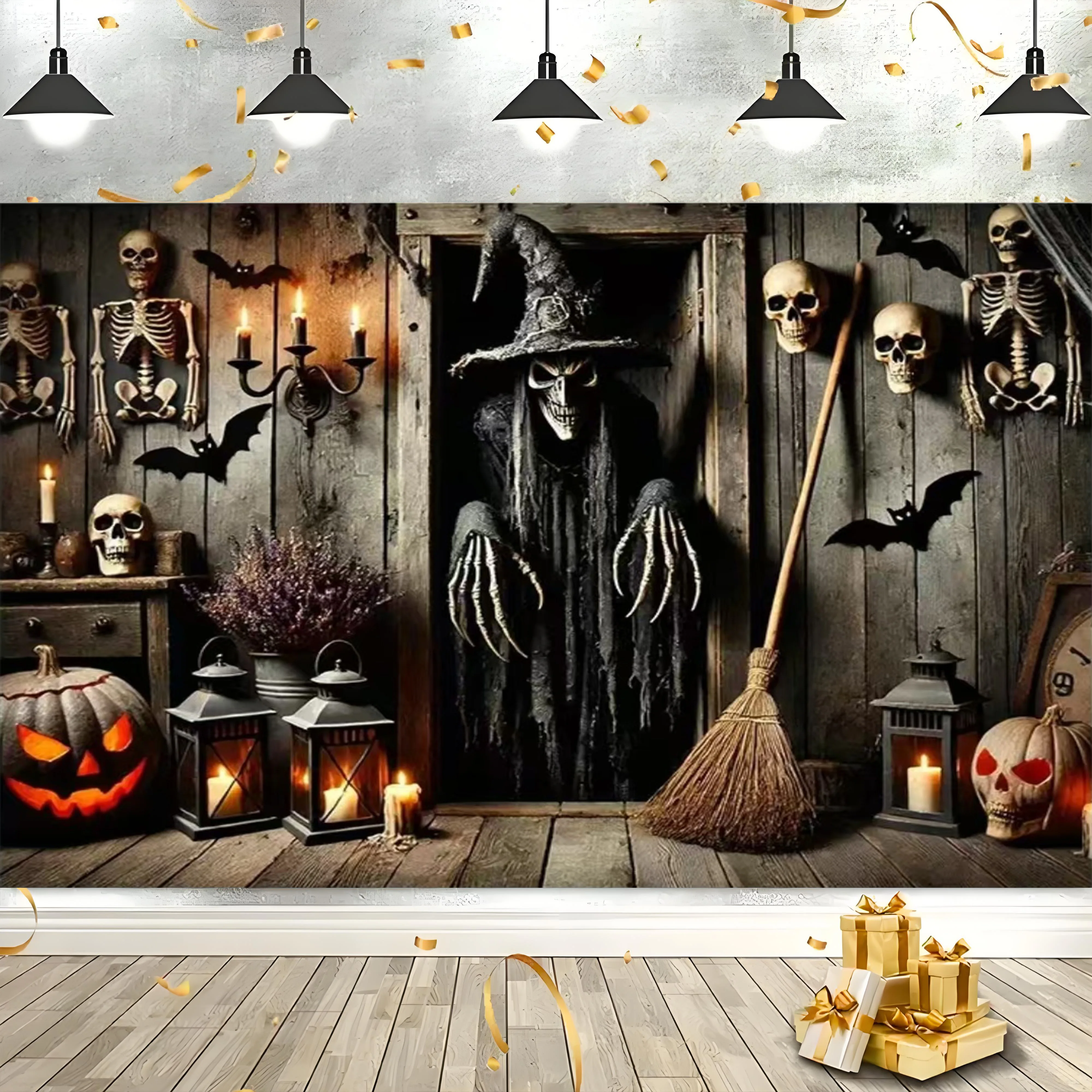 خلفية تصوير رعب للهالوين أزرق داكن ليلة القمر الكامل قلعة اليقطين فانوس 2025 حفلة الهالوين #5