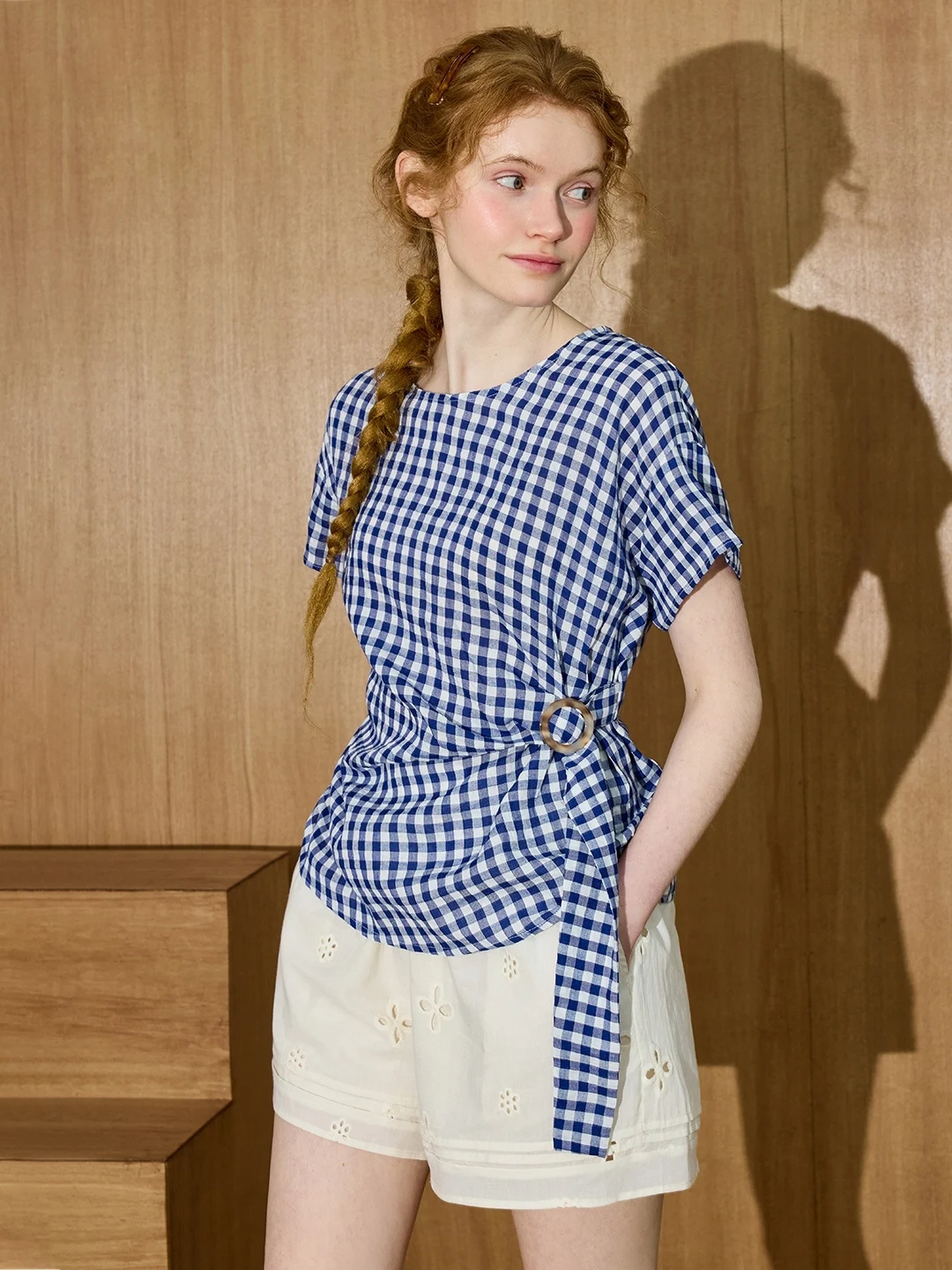 Coolhut Women's Casual Slim Fit Plaid Shirt Vintage Waist-Cinching New Arrival Summer 2026 Short Sleeve round Neck Shirt