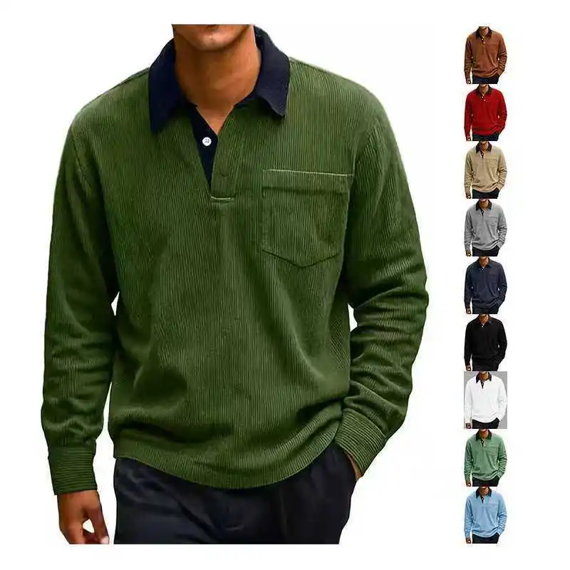 Autumn And Winter New Men's Retro Color Matching Corduroy Long-sleeved Button-down Lapel Loose Men's Sweater