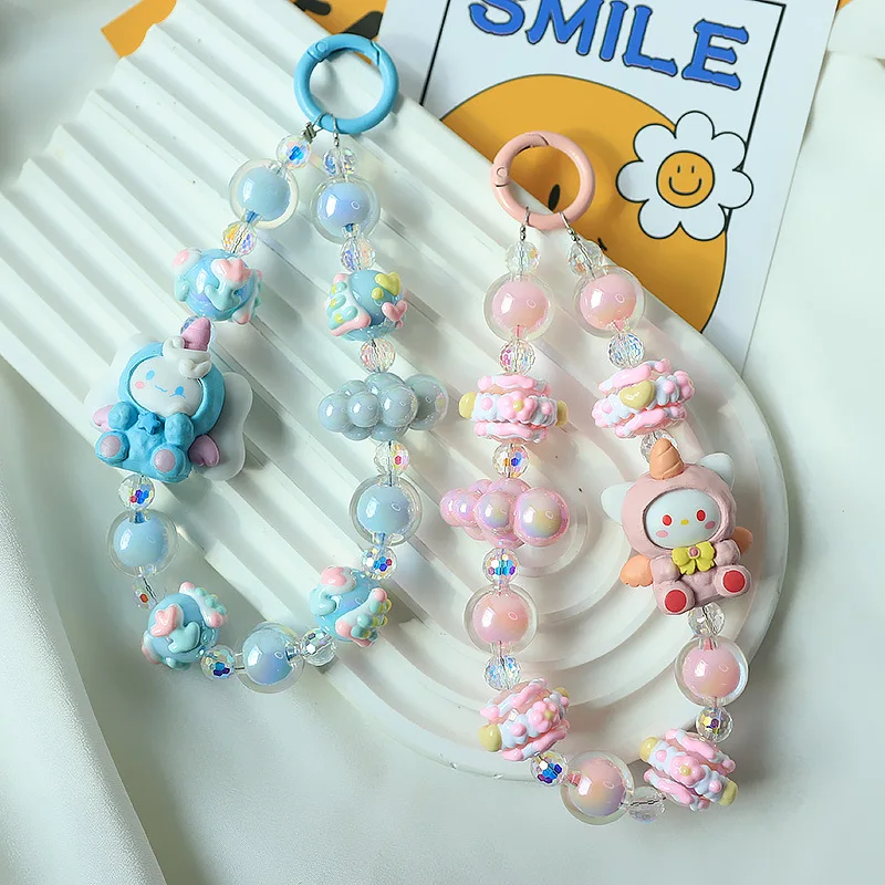 

Sanrio Hello Kitty Phone Chain Kuromi Melody Beaded Keychain Anti-lost Wrist Strap Bracelet Bag Pendant Decoration Car Key Ring