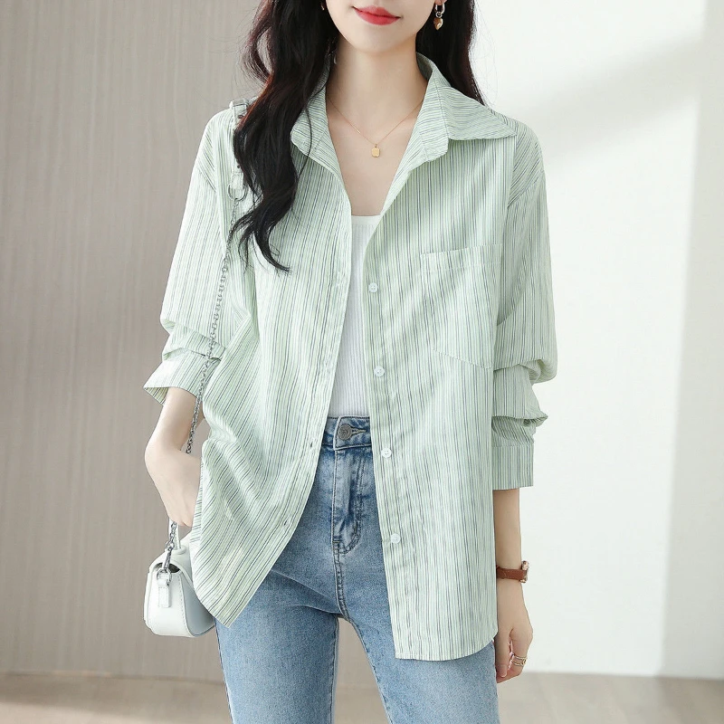 Spring and Autumn Women\'s 2024 New Splicing Polo Collar Button Striped Pocket Fashion Loose Casual Long Sleeve Blouses Shirts