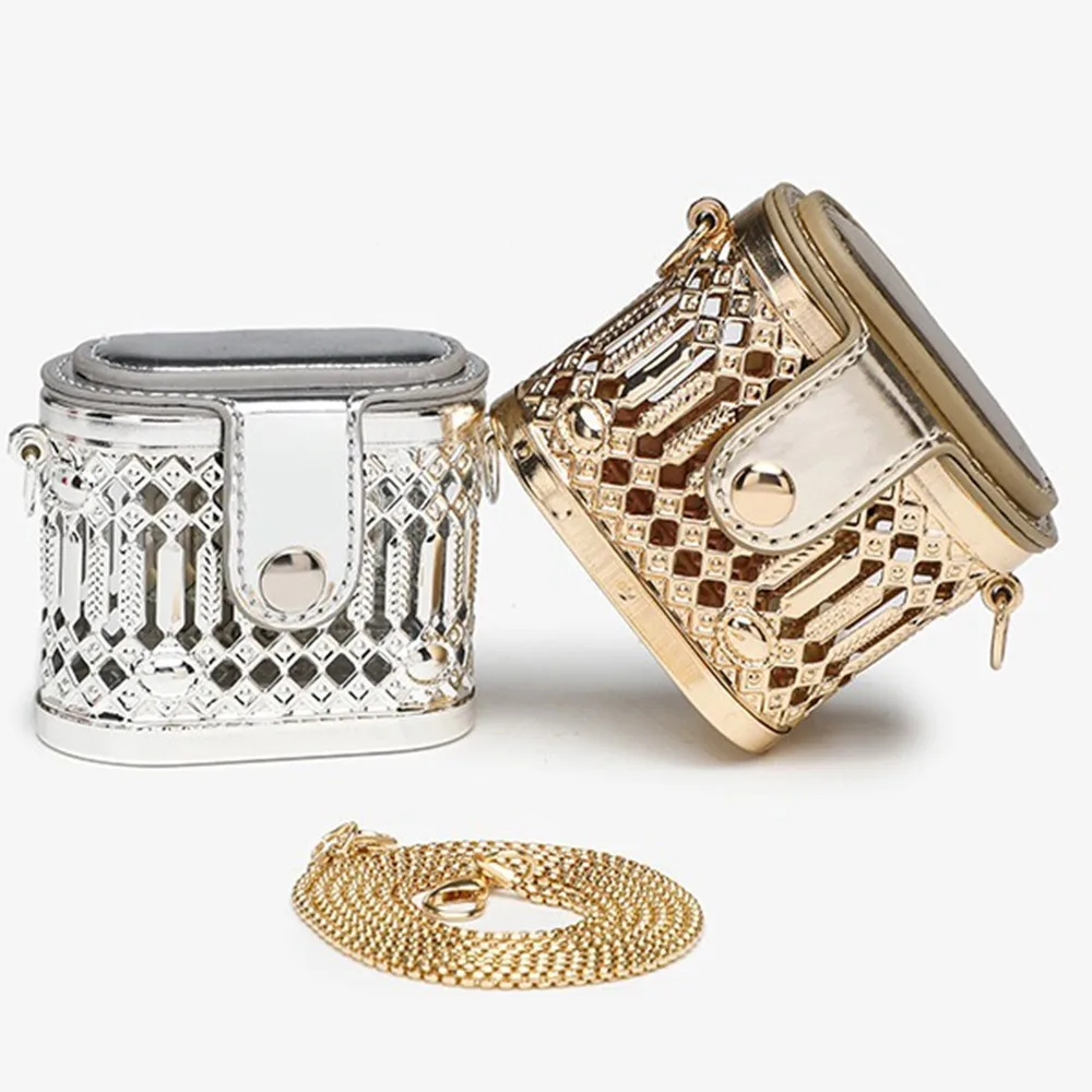 

Elegant Luxury Metal Chain Lipstick Wallet Glitter Earphone Storage Mini Clutch Bag Lightweight Hollow Out Jewelry Bag Lady