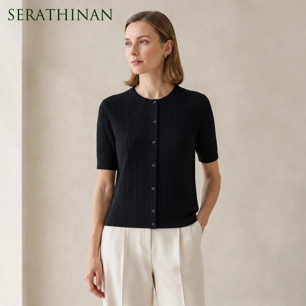 MZ62006 Women's Cable Knit Crew Neck Short Sleeve Cardigan Button Front Loose Fit Solid Modal Blend Early Autumn Casual Sweater