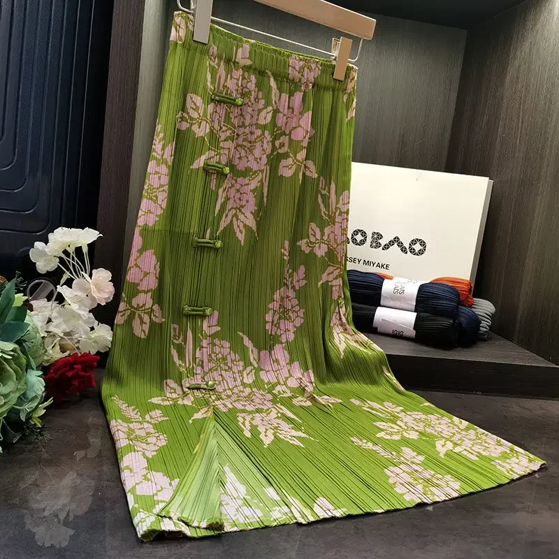 New Chinese Style Pleated Skirts Vintage Print Split Bodycon Skirt For Women 2026 Early Spring High Waist Faldas Mujer