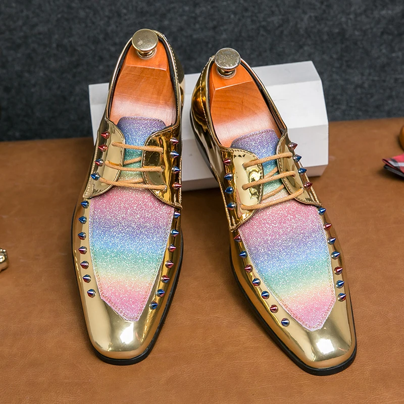 Fashion Men Rainbow Dress Chelsea Shoes Rhinestone Mens Wedding Oxford Gold Colorful Mens Casual Party Evening Groom Shoes