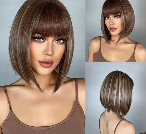 Peruca bob marrom com destaque, cor mista, cabelo sintético para mulheres, natural, curto, reto, com franja, alta temperatura