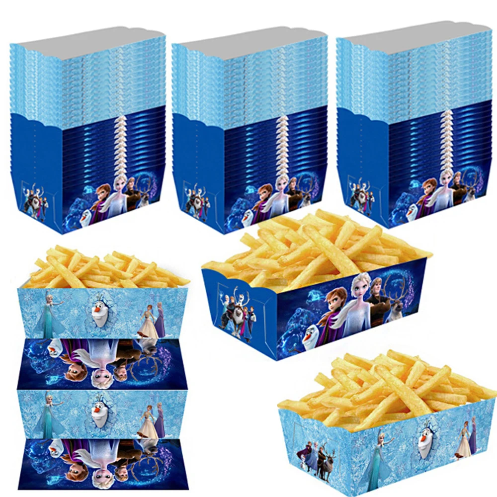 

12/24pcs Disney Frozen Paper French Fry Box Serving Trays Plates Anna Elsa Popcorn Boxes for Girls Birthday Party Decoration