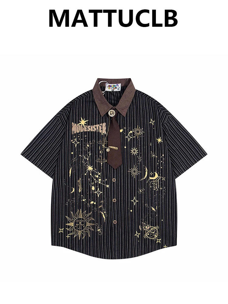 

Summer Women Japanese Harajuku Y2k Short Sleeve Striped Shirts Embroidery Dark Academia Blouses With Tie 2000s Oversize Tomboy