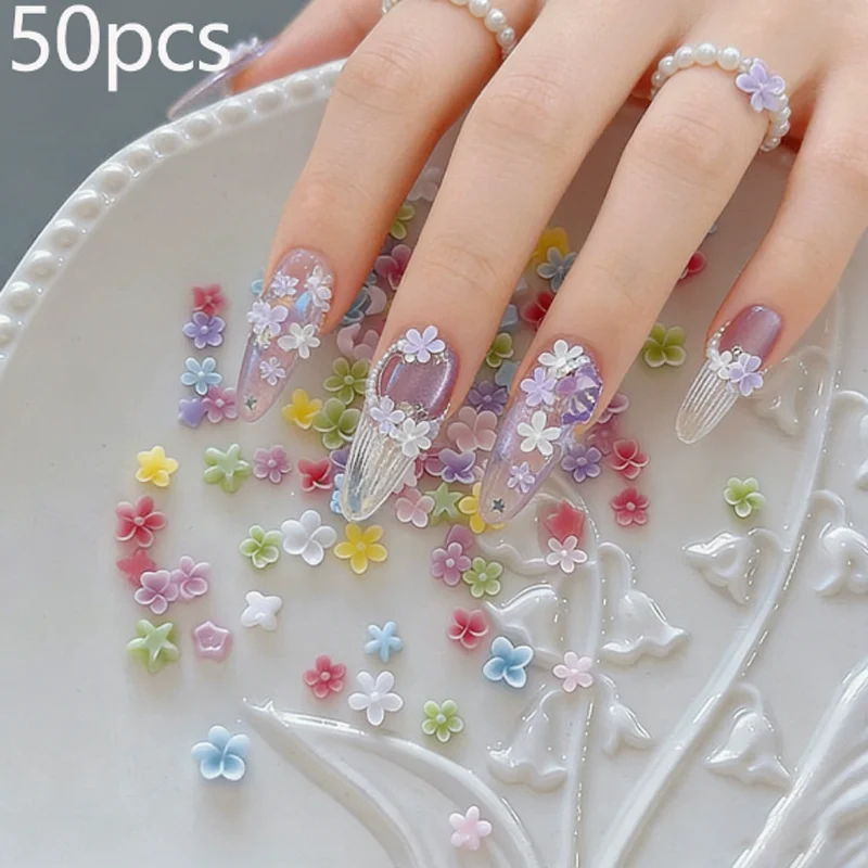 50Pcs 3D Transparent Macaron Color Nail Art Jewelry Small Fresh Five Petal Flower Mini Egg Flower Design for Beauty Enthusiasts