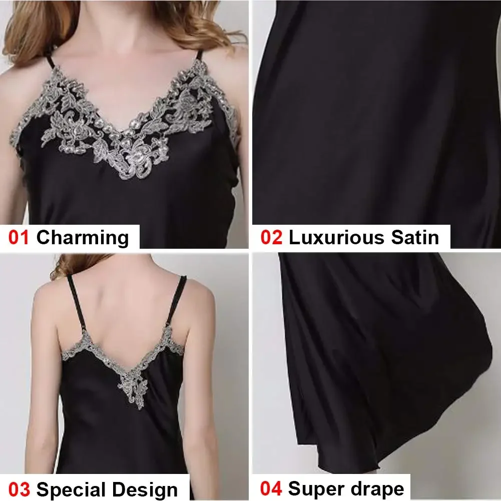 Women\'s Nightdress Lace Satin Nightgowns Sexy Lingerie Long Chemise Sleepwear