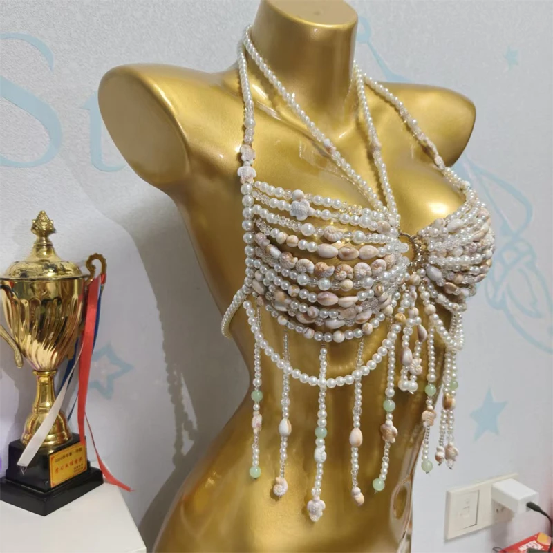 Damenbekleidung: Perlenbesetztes Quasten-Bodychain-Bralette, Perlen-Neckholder-Harness-Crop-Top, sexy für Strandparty, Festival, Rave, Urlaub. – Detail 7