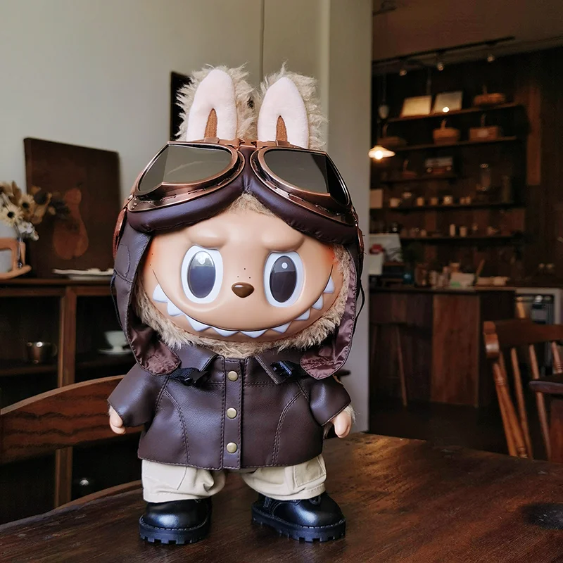 

38cm Doll Clothes For Labubu Black Leather Pilot Outfit The First Generation Dolls Accessories Summer Spring Field Can Be Worn