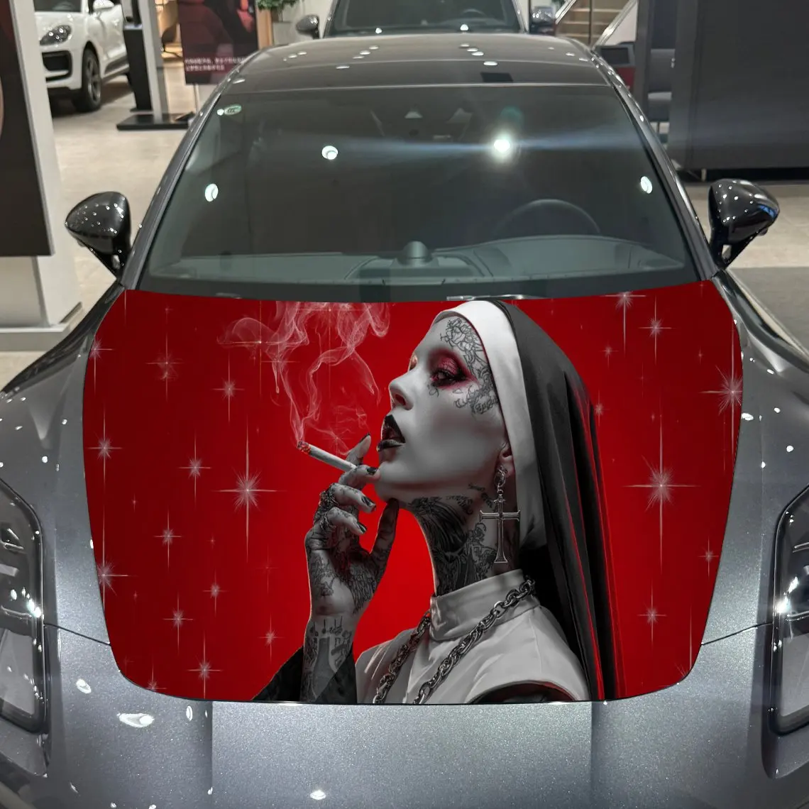 Rebel Nun Brave Adventure PVC Car Engine Hood Vinyl Wraps, Self-Adhesive Waterproof Car Hood Decal Sticker, Car Decoration Prote