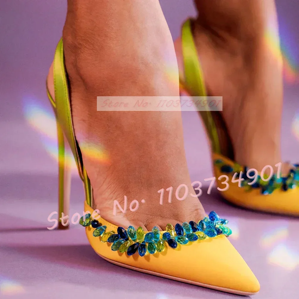 

Crystals Back Strap Satin Sandals Ladies Patchwork Pointed Toe Thin High Heels Shoes Party Sexy Female Elegant Sandals