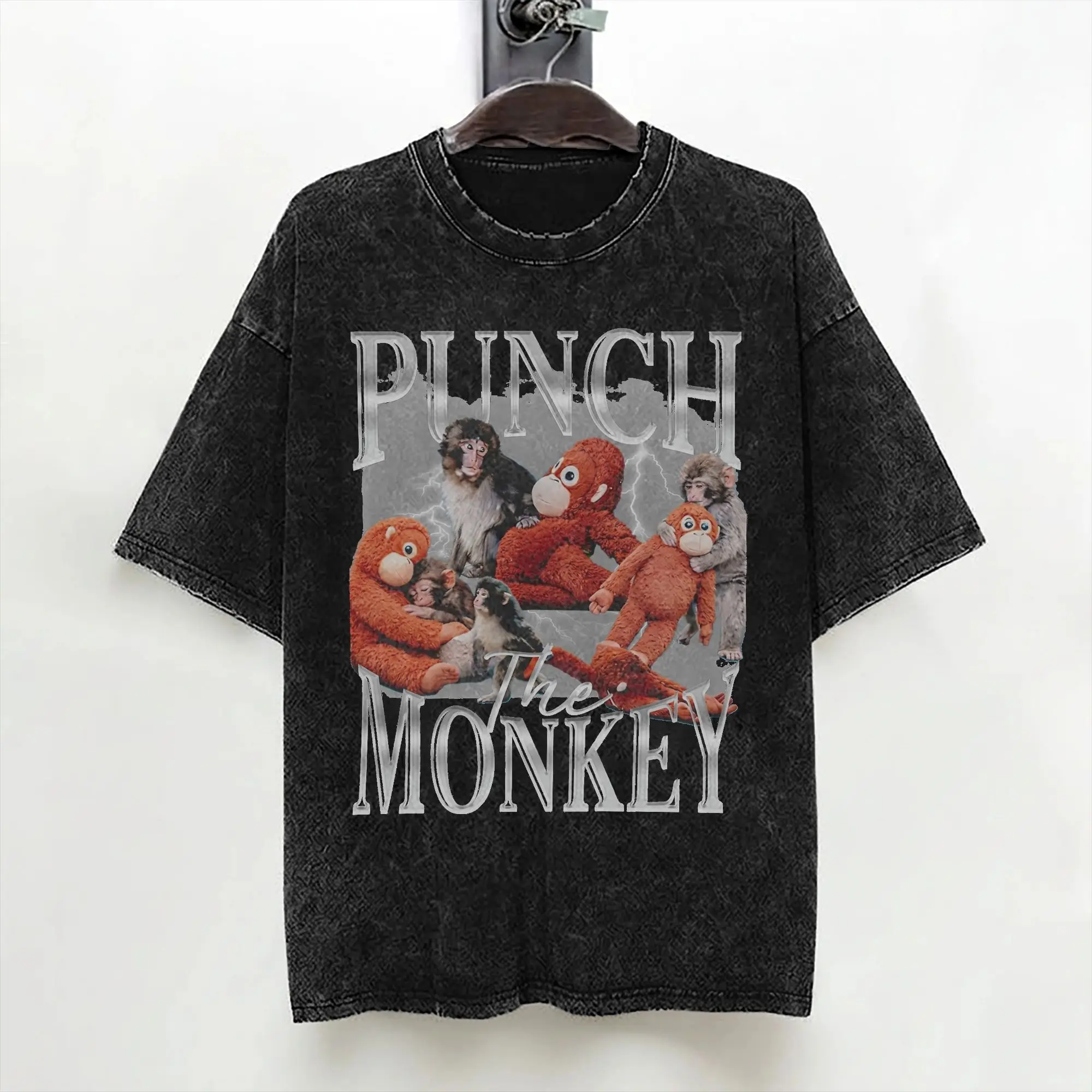 Punch Baby Monkey Holding Plush Toy T Shirt Washed Short Sleeve Harajuku T-Shirts  Vintage Men Women Streetwear Summer Tops Tees