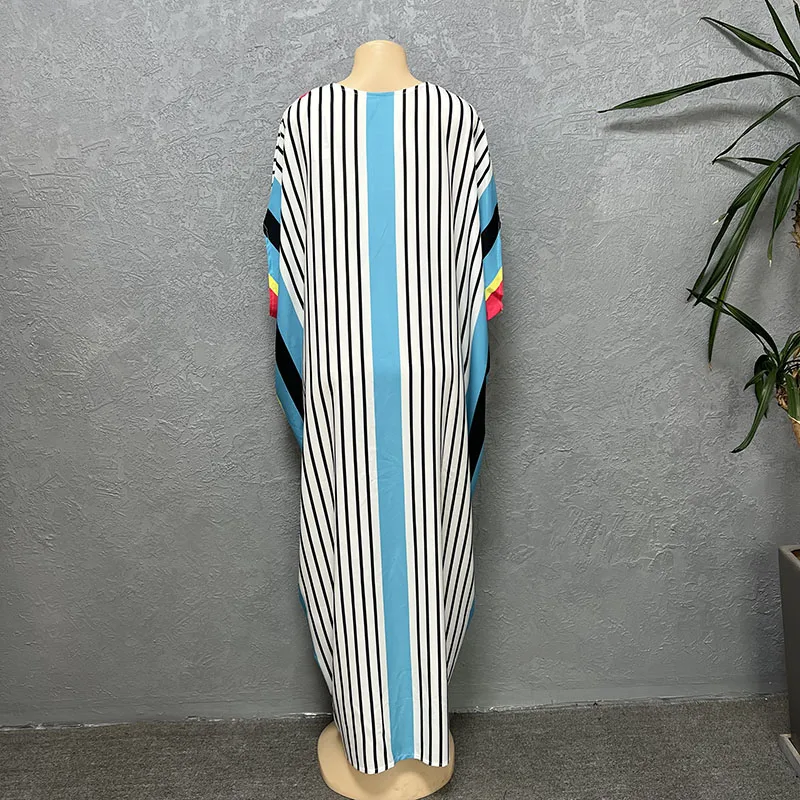 الصيف السببية شريط طباعة فستان طويل فضفاض عباية الأفريقية المرأة أنيقة Dashiki رداء موضة س الرقبة Batwing كم رداء فساتين #5