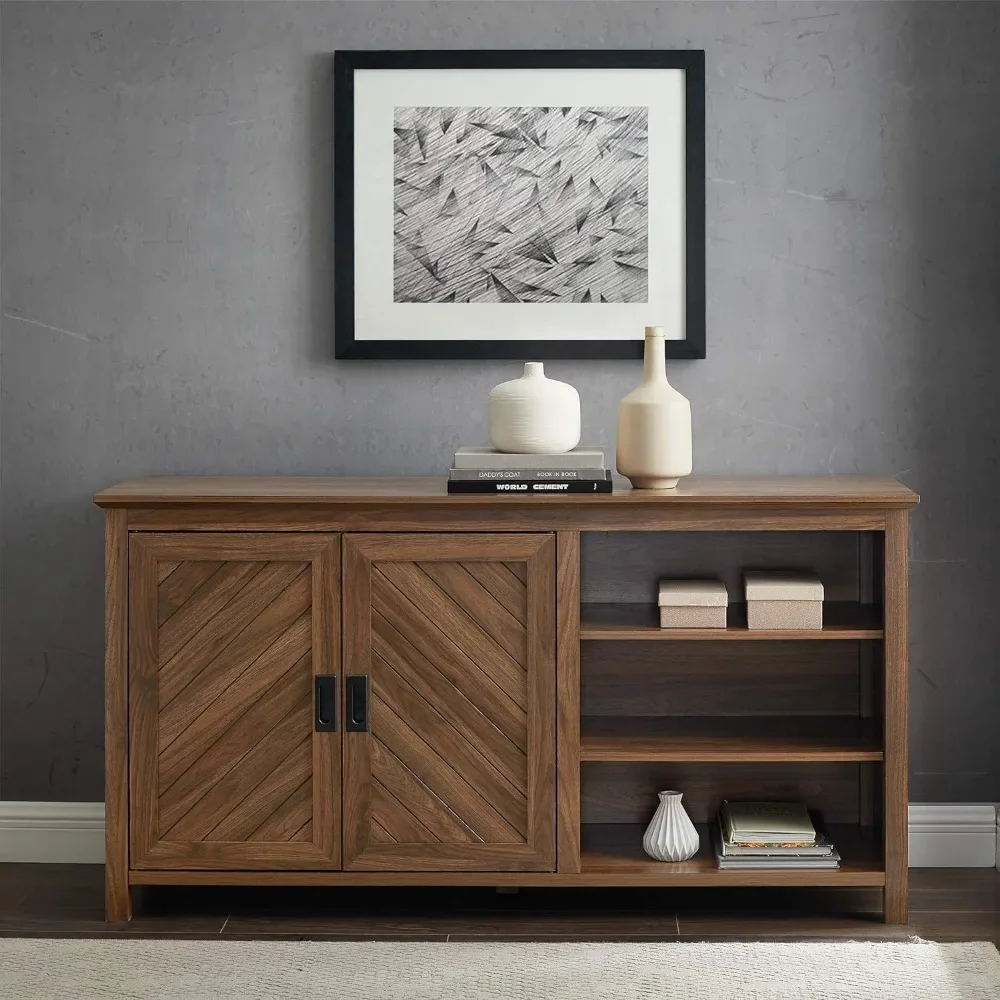 Modern Wood Grooved Buffet Sideboard With Open Storage-Entryway Serving Storage Cabinet Doors-Dining Room Console 58 Inch Ledge