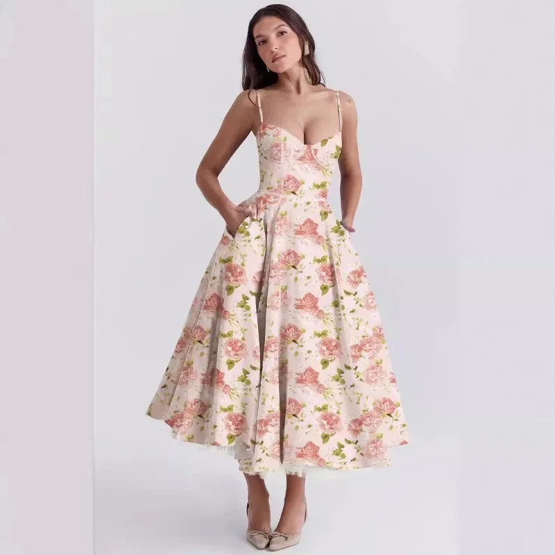 Novo vintage elegante flor impressão cinta de espaguete vestidos de princesa feminino sexy baixo corte sem costas malha dupla camada bainha vestido de festa