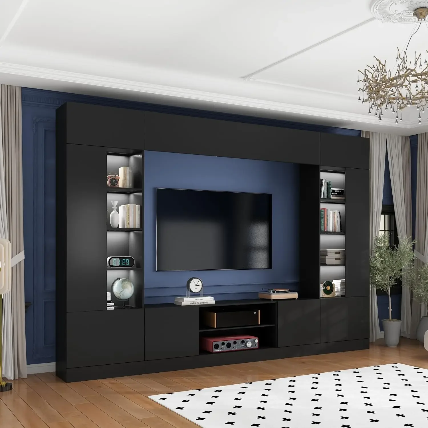 Large Entertainment Center with Bookshelves & Lights, Modern Media Center with Bridge,TV Wall Unit for Living Room Black