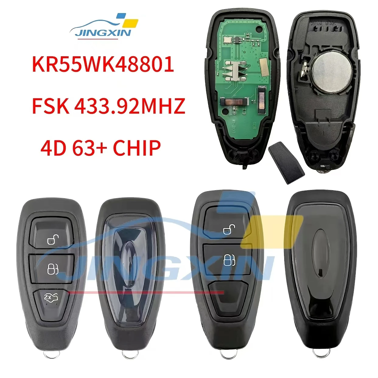 Jingxin Car Remote Key For Ford Focus Fiesta C-Max Mondeo Ecosport Galaxy Kuga Smart Keyless 2/3Buttons ID63+ 433MHz KR55WK48801