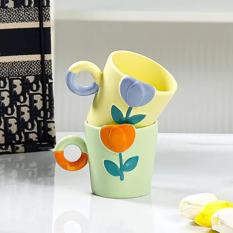 Hand-painted tulip cup embossed mug ins style cute three-dimensional ceramic cup gift cup flower style mug