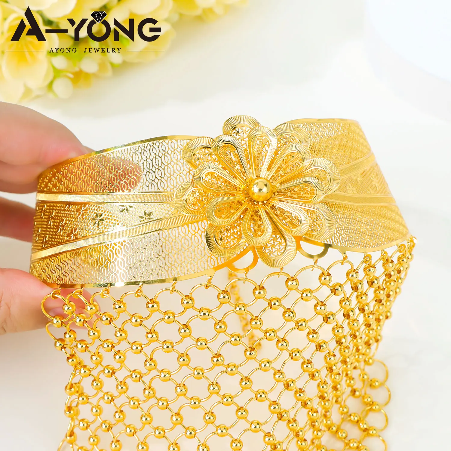 Afrikanisches Verziertes Schmuckset für Frauen 24k Dubai Goldfarben Luxus-Halskette Ohrringe Algerien Damen Braut Hochzeitsschmuck – Detail 9