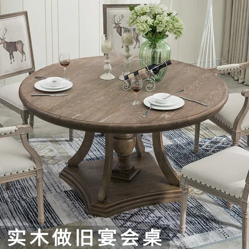 American country solid wood round French light luxury retro old Roman column dining  dining  box banquet table